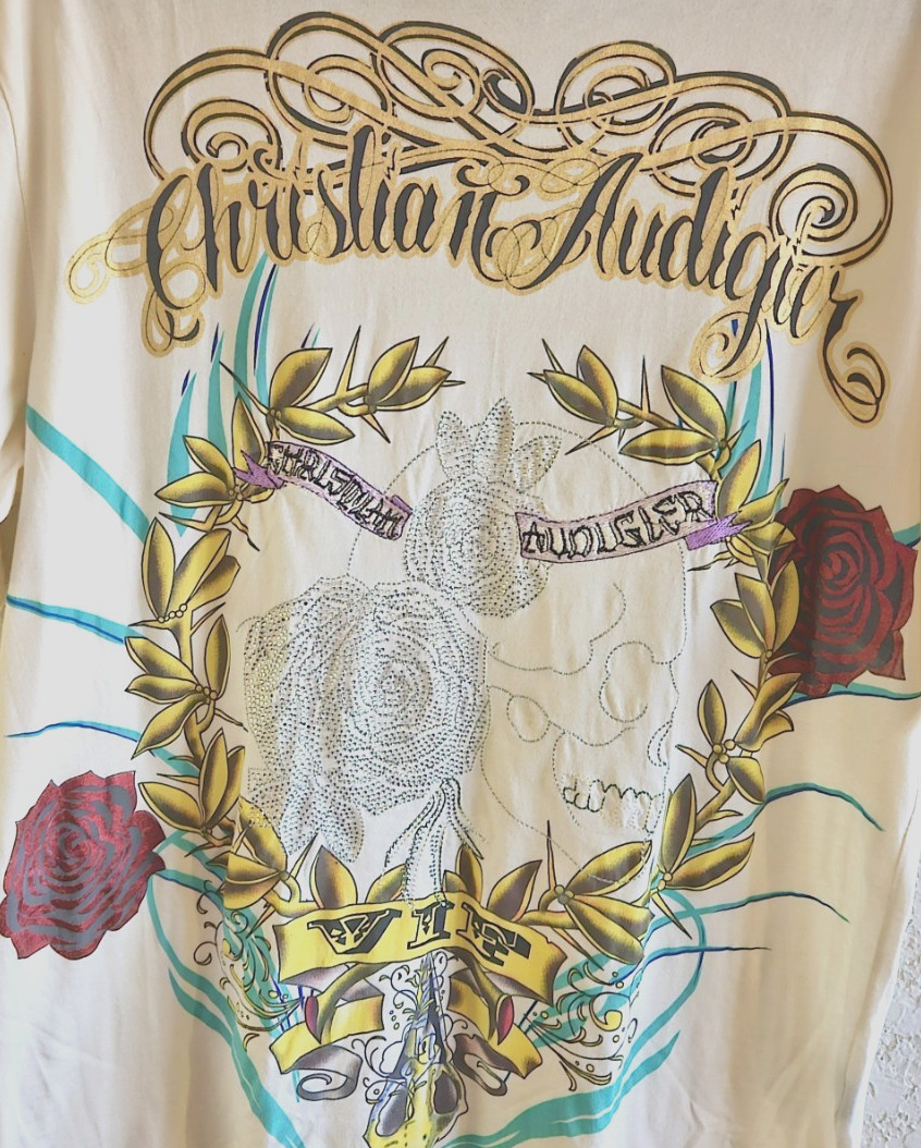 Y2K Christian Audigier Ed Hardy VIF XL Cream T-Shirt Beaded Stitched Stored New