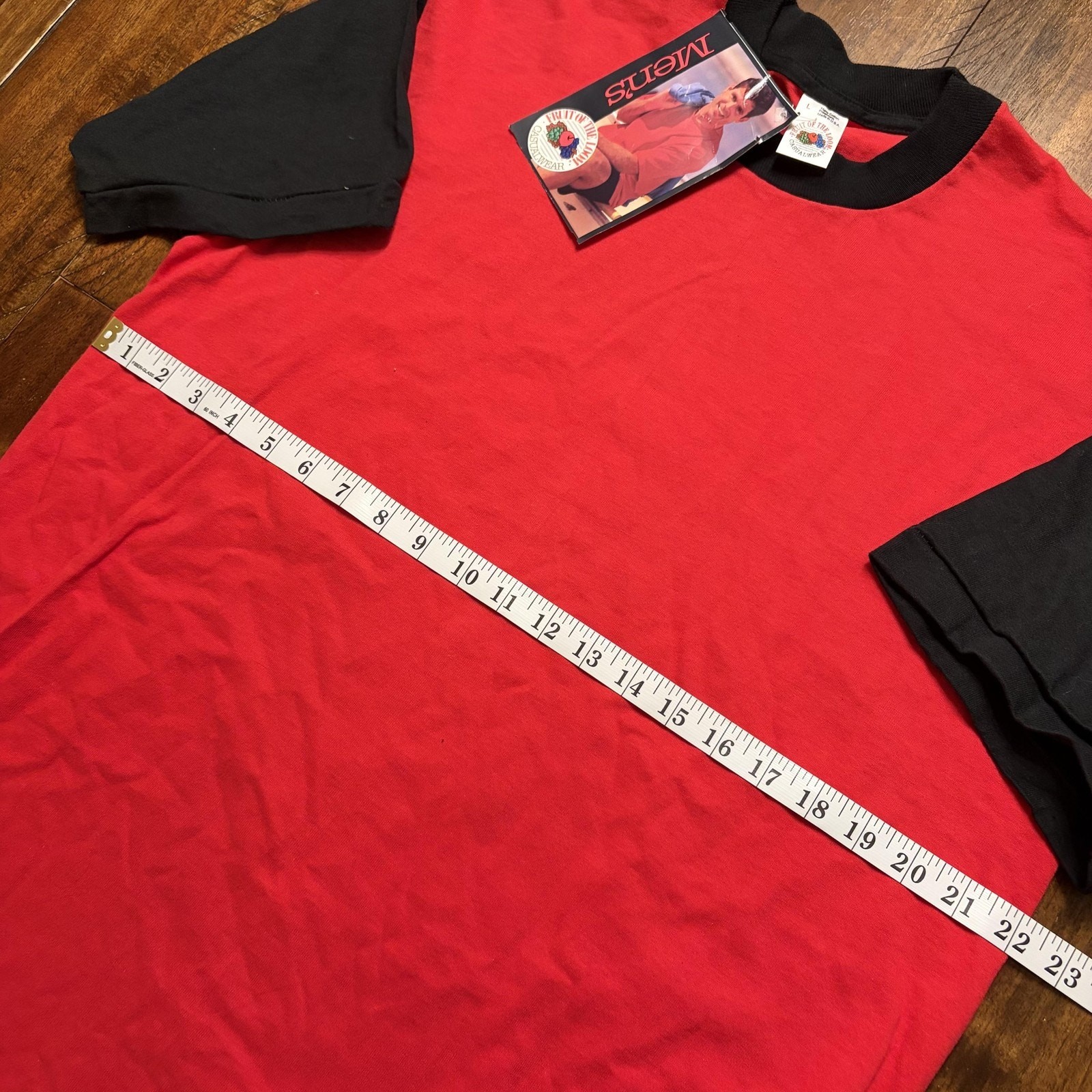 Vintage Fruit Of The Loom Shirt Mens Large Red Black Colorblock Tee Made USA 90s