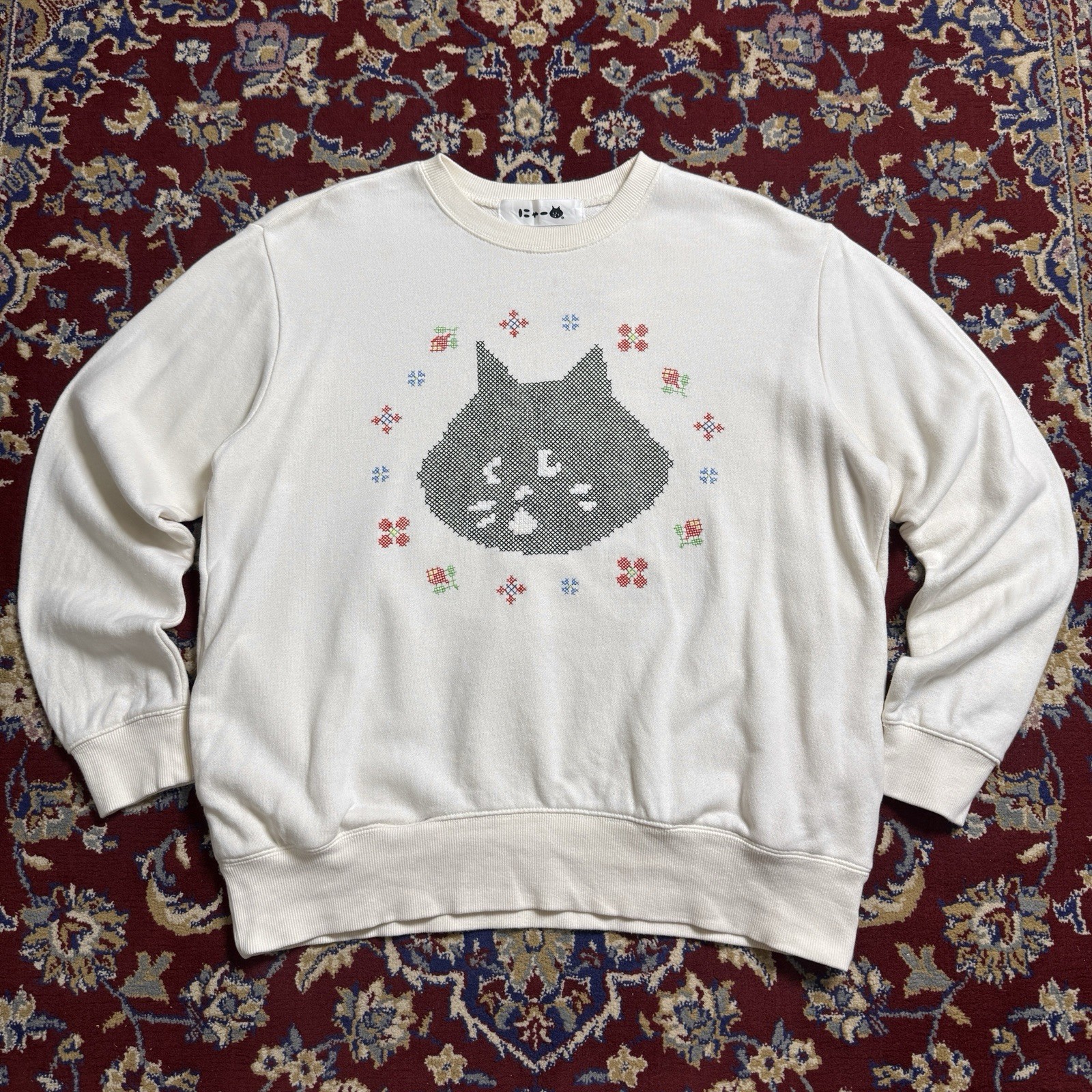 Ne-net Nya Nya Cat Big Face Cross Stitch Sweatshirt Issey Miyake Japanese brand