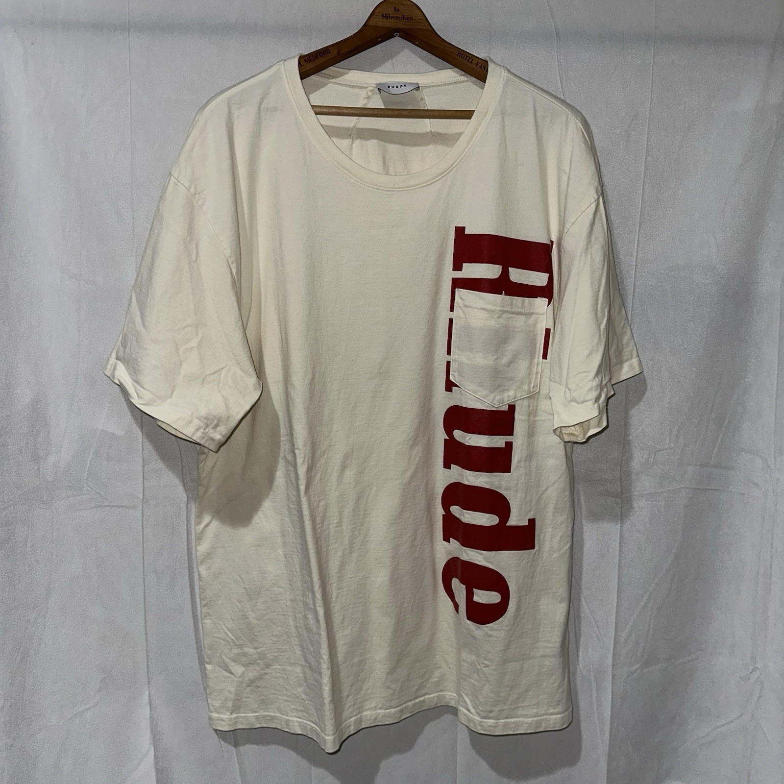 Rhude Vertical Logo Pocket T Shirt FW19 Off White Size XL Made In USA