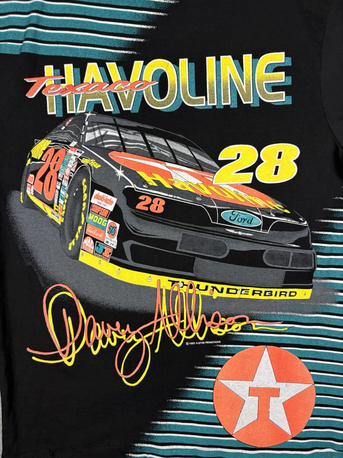 Vtg NASCAR AOP 1993 Davey Allison T-shirt Men’s XL 28 Havoline USA Single Stitch