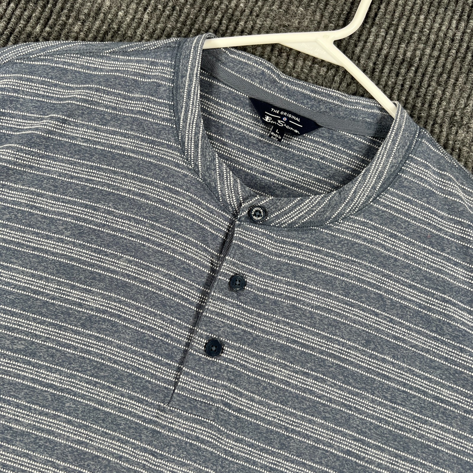 Ben Sherman Henley Shirt Mens Large Blue Striped Short Sleeve Casual Comfort