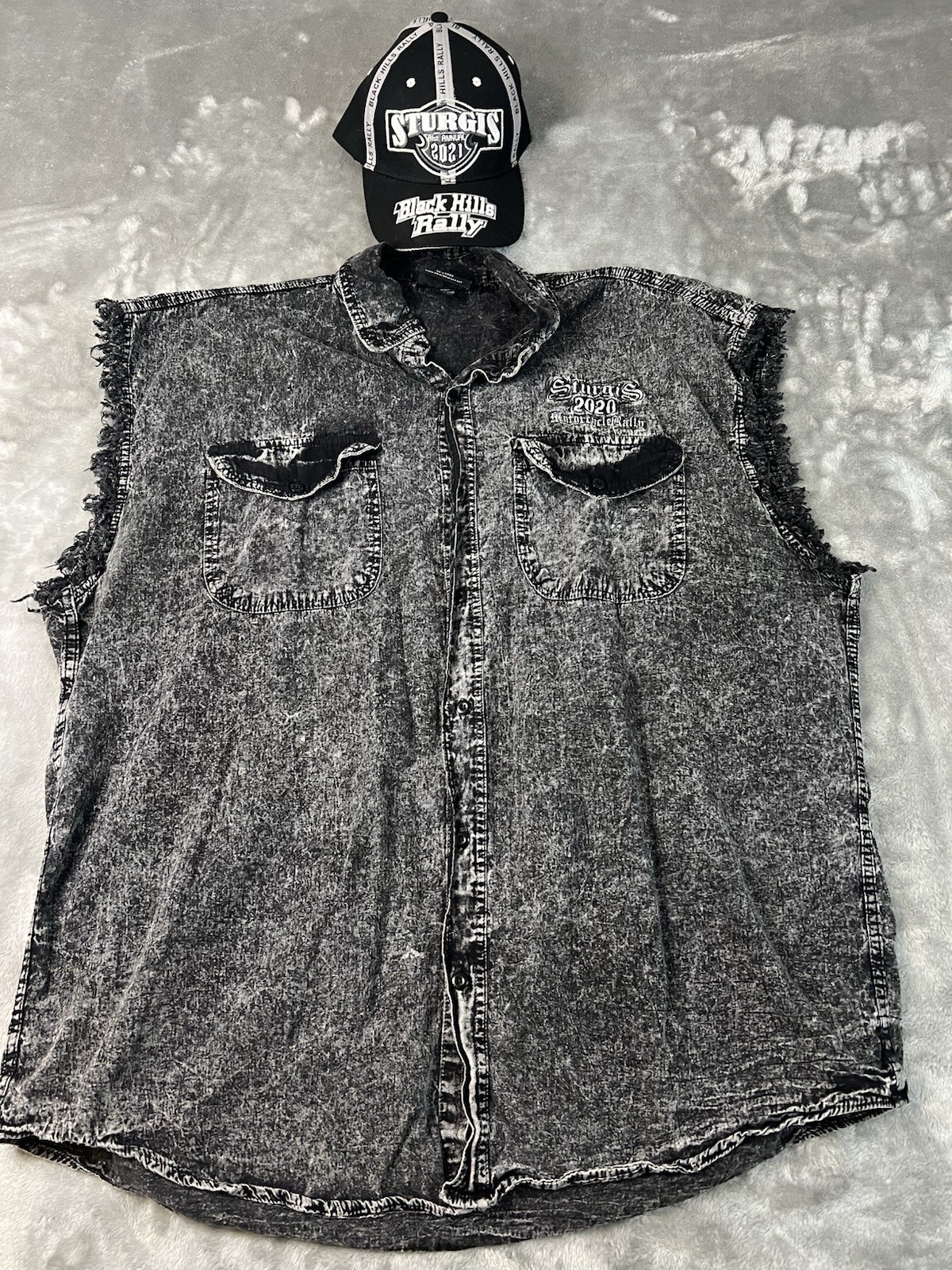 2 Piece Combo 2020 Sturgis Cut Off Button Up Shirt And a 2021 Sturgis Ballcap