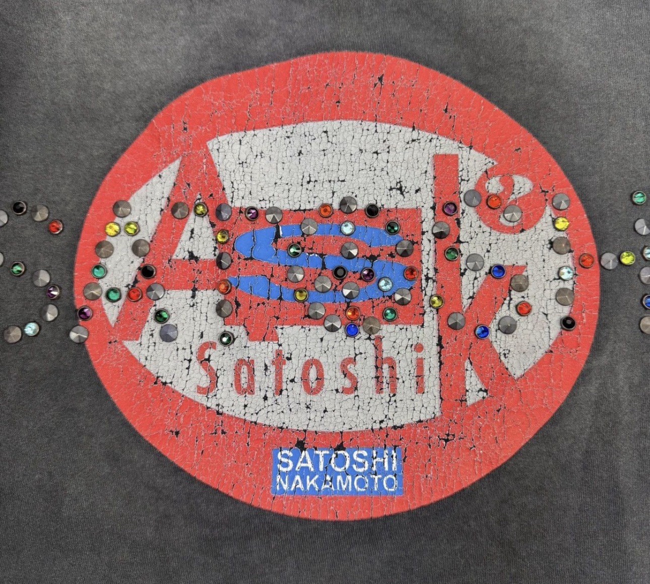 Satoshi Nakamoto – Rhinestone Cracked Print Oversized T-Shirt Size: S Fits M/L