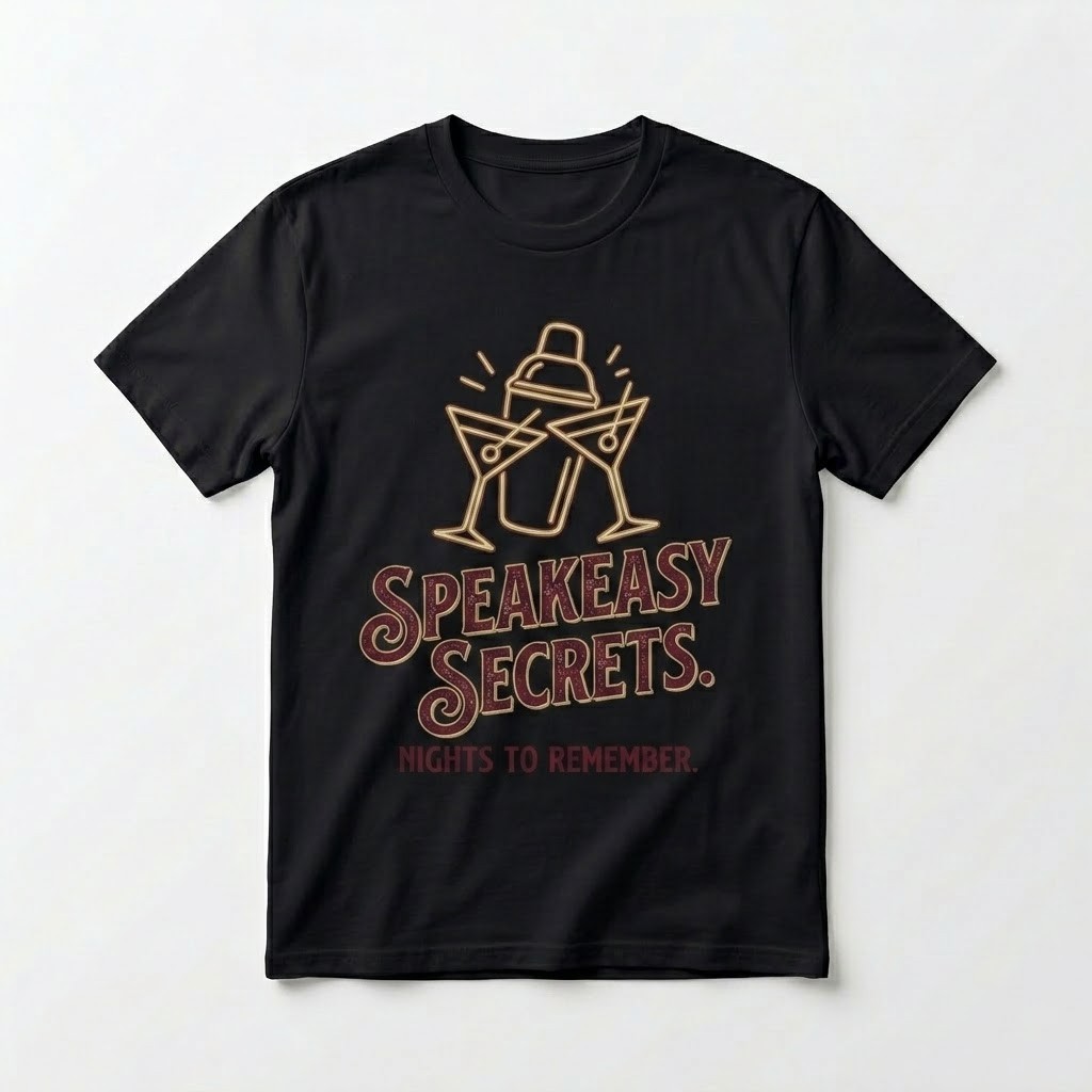 Speakeasy Secrets T-Shirt – Vintage Cocktail Graphic Tee – Retro Bar & Nightlife