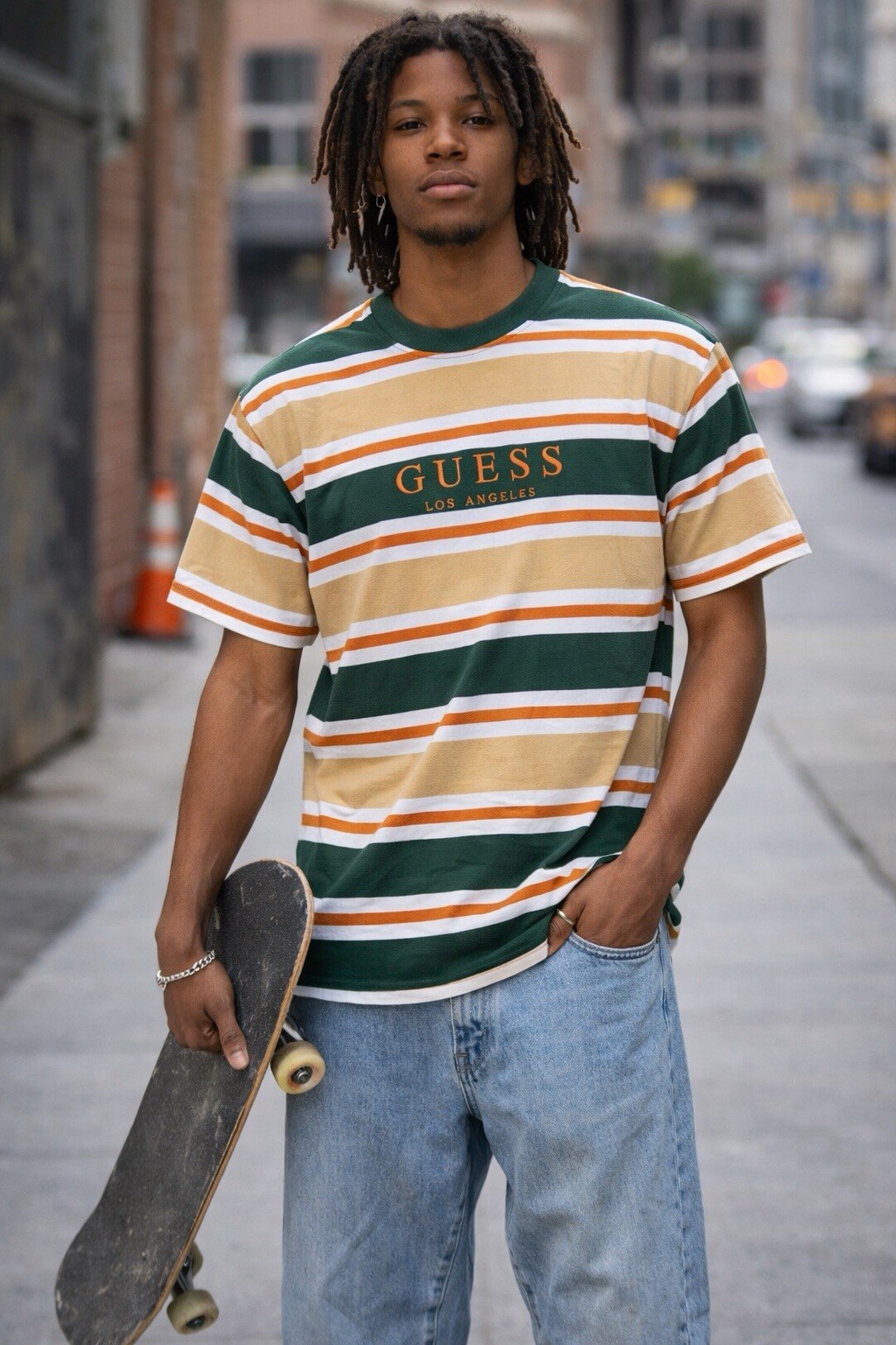 Guess Los Angeles Striped T Shirt Mens Size M Made in India VTG Green Orange Y2K