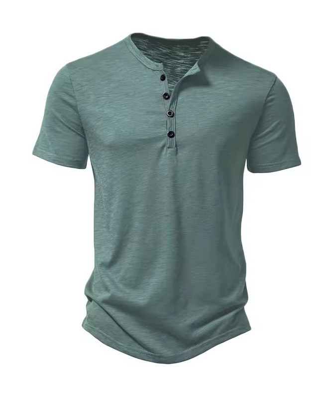Henley Collar Summer Men Casual Solid Color Short Sleeve T Shirt for Men