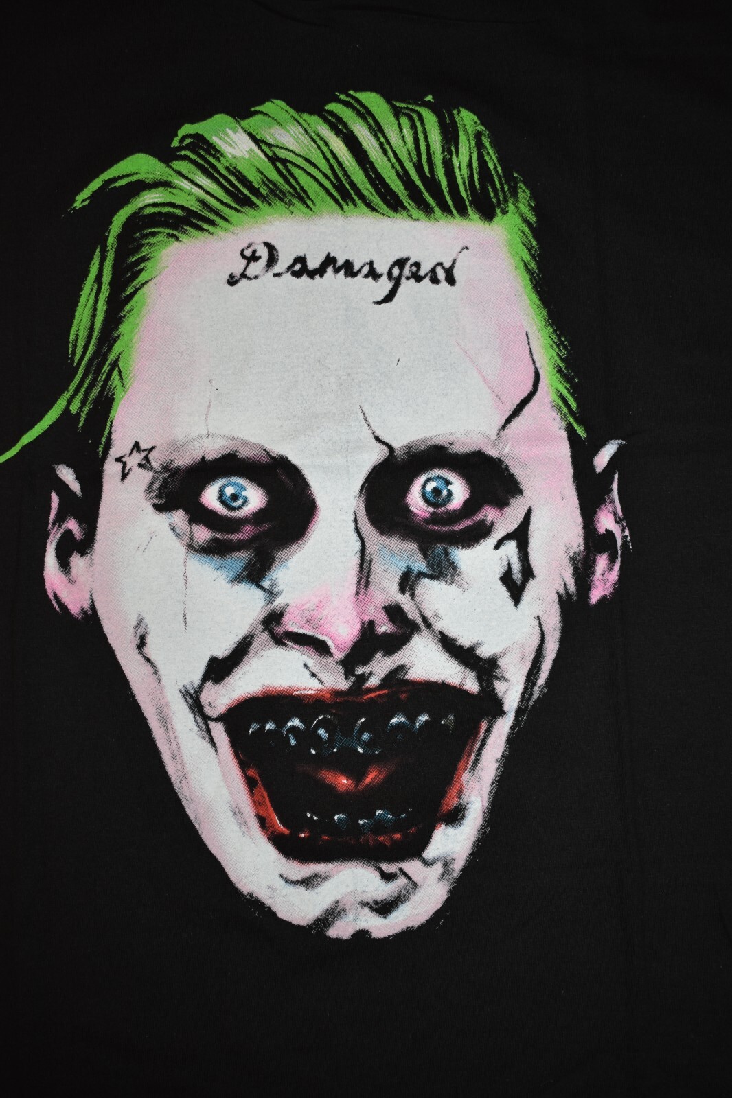 Suicide Squad Mens DC Comics Joker Damaged Tattoo On Forehead Shirt NWT S, L, XL
