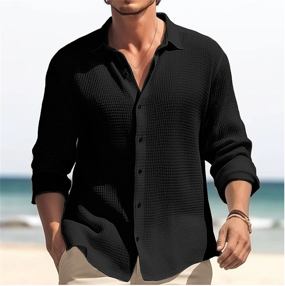 Men’s Waffle Shirt Casual Slim Shirts Long Sleeve Button Down Tops Blouse
