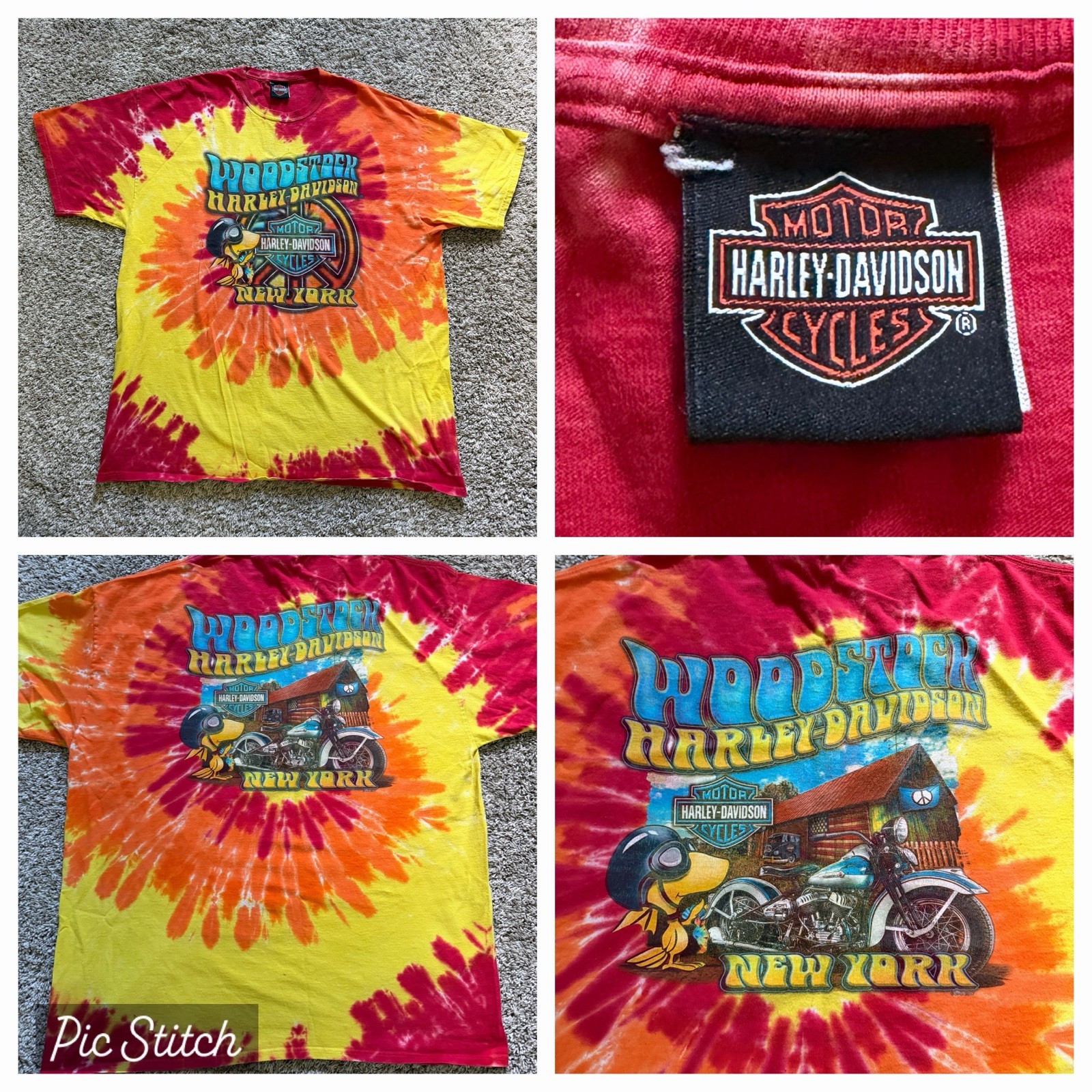 Vintage RARE 2XL Harley Davidson Tye Dye SNOOPY WOODSTOCK T SHIRT New York