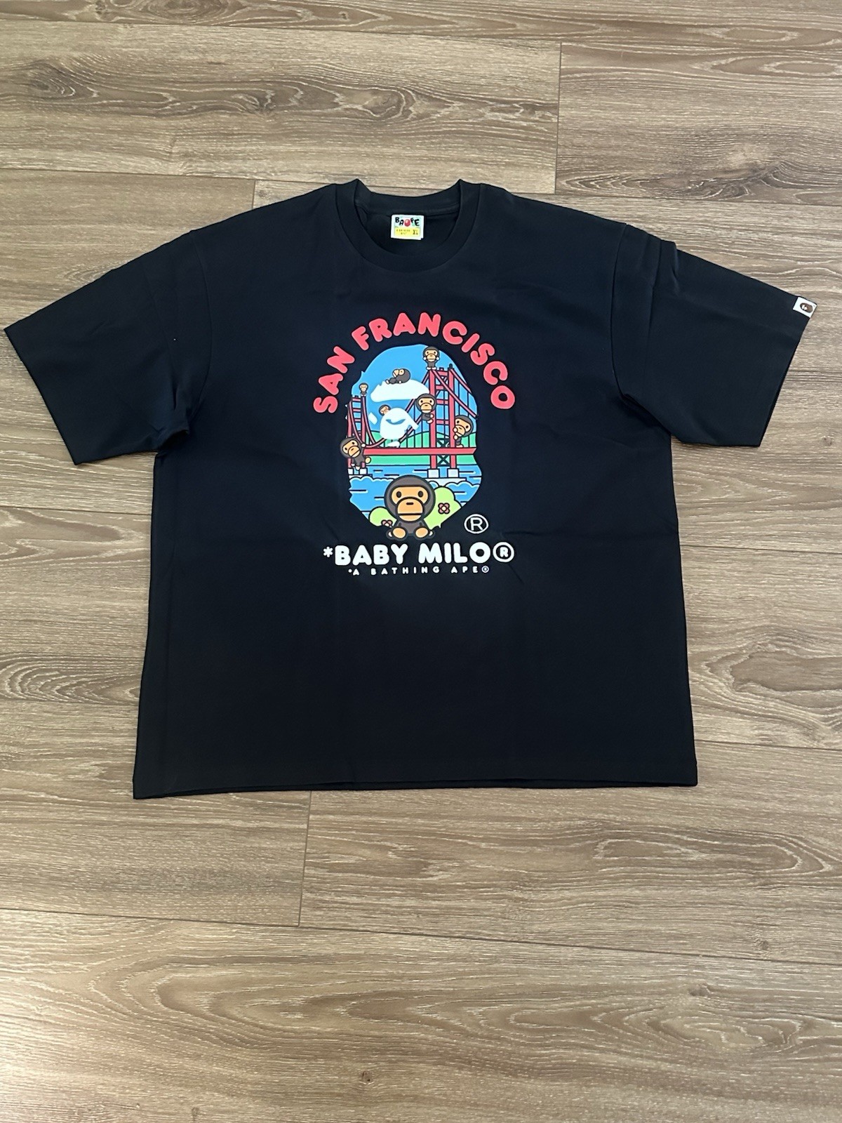 A Bathing Ape Baby Milo San Francisco Black Graphic Logo Crew Neck Tee XL