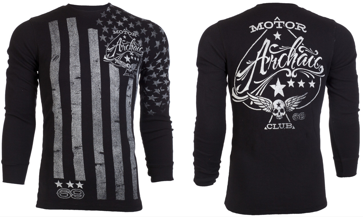 Archaic by Affliction Men’s Long Sleeve Shirt NATION US Flag Biker Black