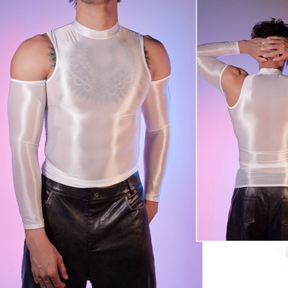 Men Tights Tops Shirt T-shirt Sexy Hollow Out Oiled Shiny Party Clubwear Fashion