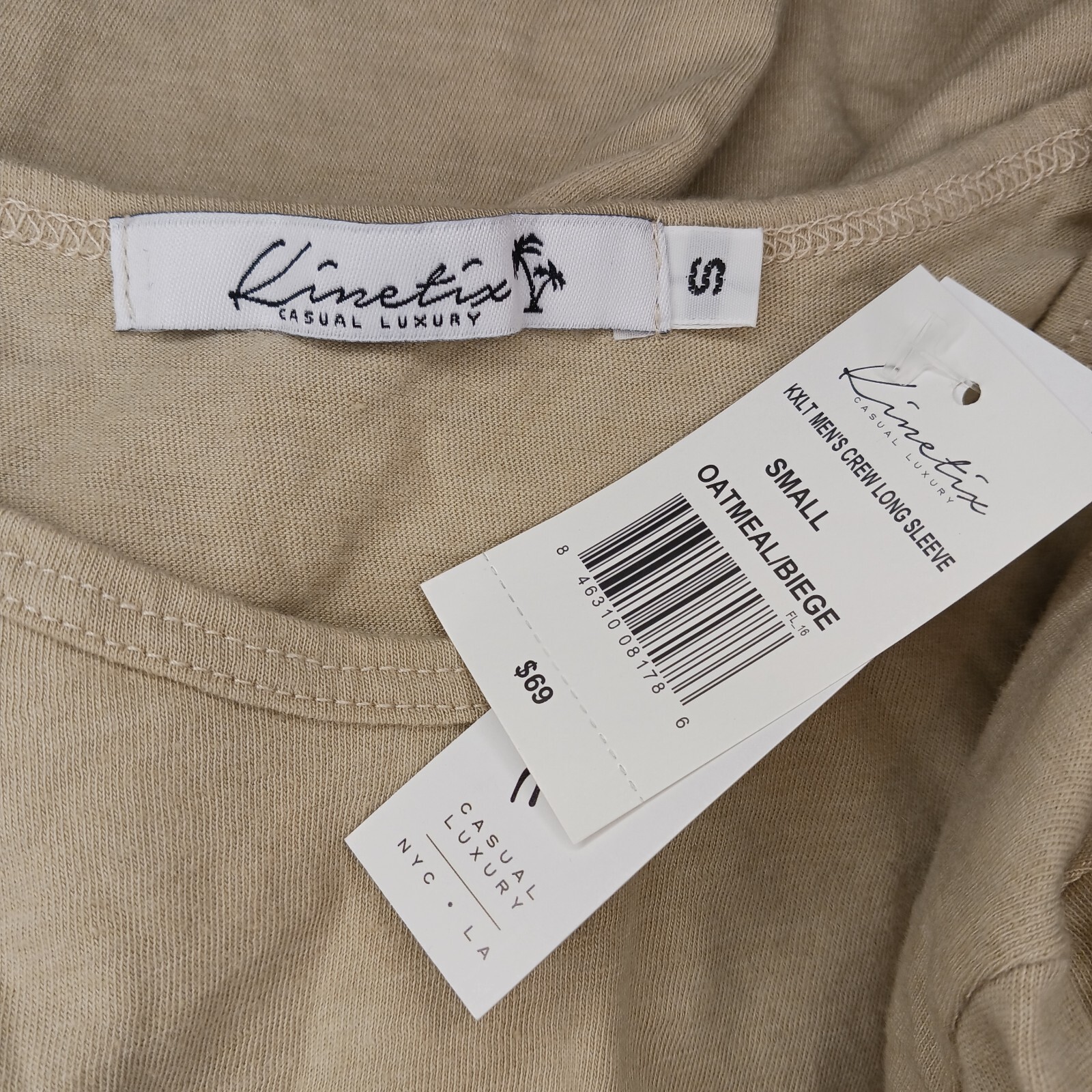 Kinetix Casual Luxury Mens Crew Long Sleeve Shirt Size Small Oatmeal/Beige New