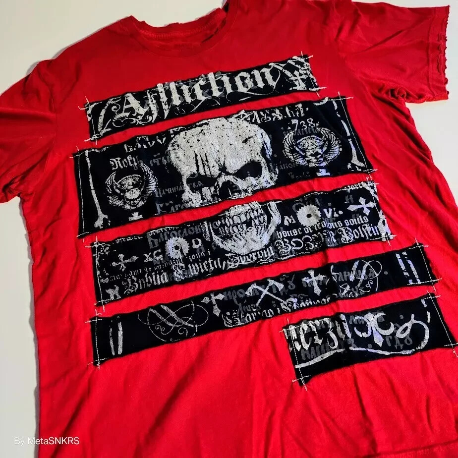 Affliction T Shirt Men XL Red Black Gray Silver Foil Patch Skull USA Distressed