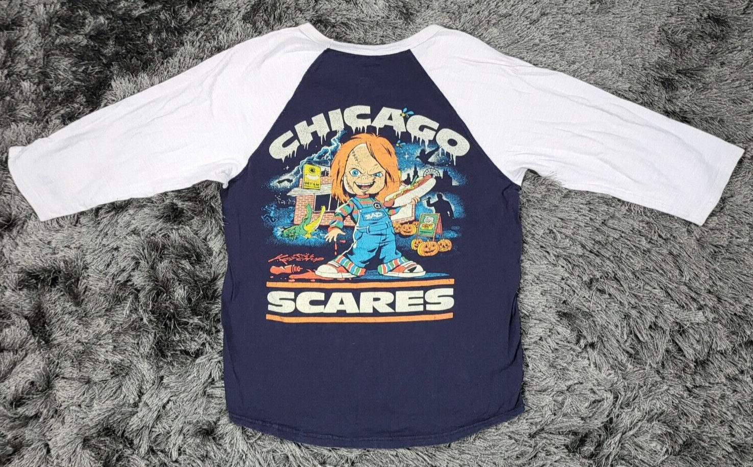 Chucky Shirt Mens Small Blue White Childs Play Creepy Co Chicago Scares Raglan