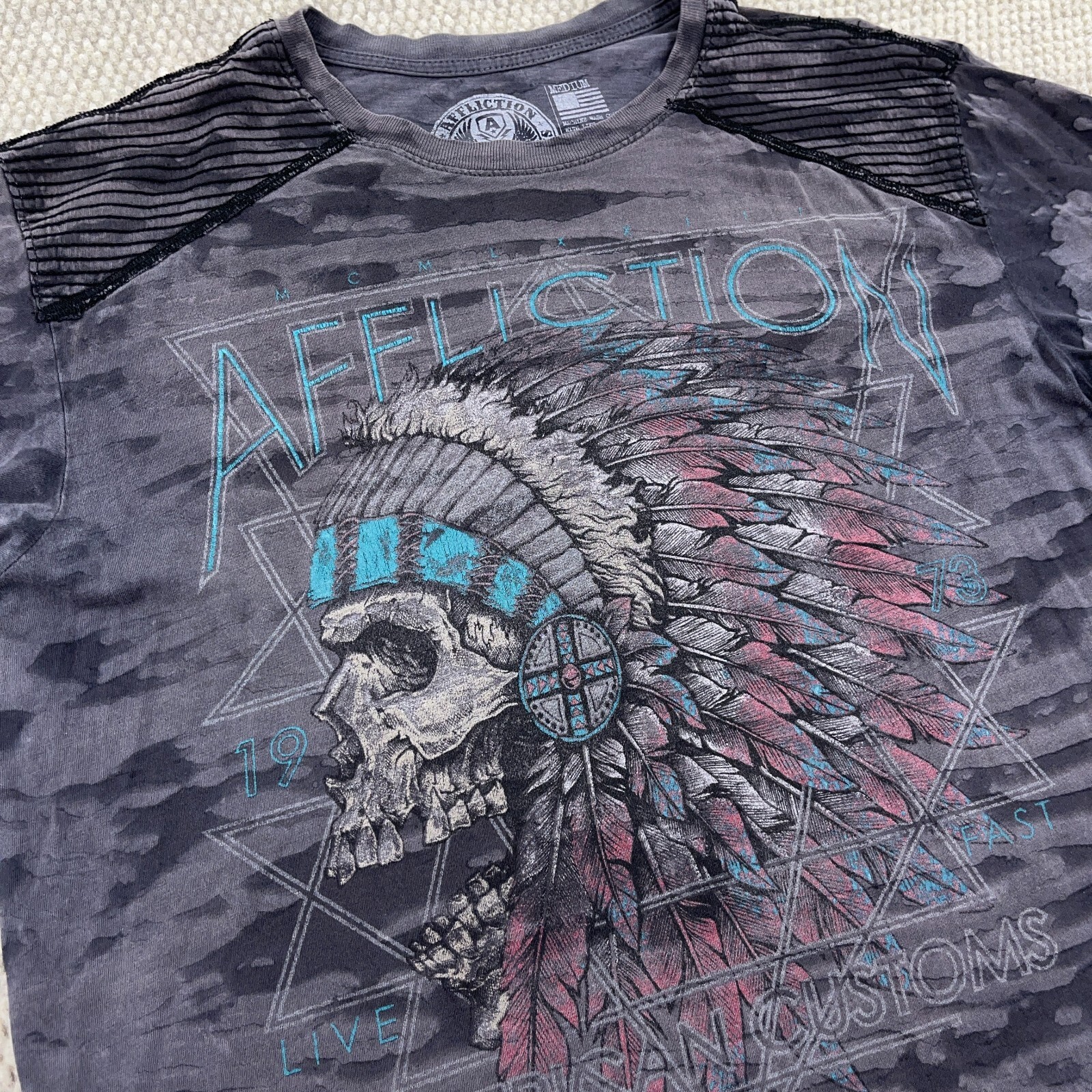 Affliction Shirt Men Medium Gray American Customs Indian Chief Tattoo MMA Live