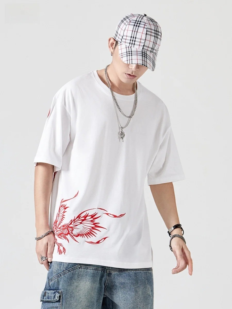 Men’s Premium Phoenix Embroidery Cotton T-Shirt Slim Fit Short Sleeve Tee