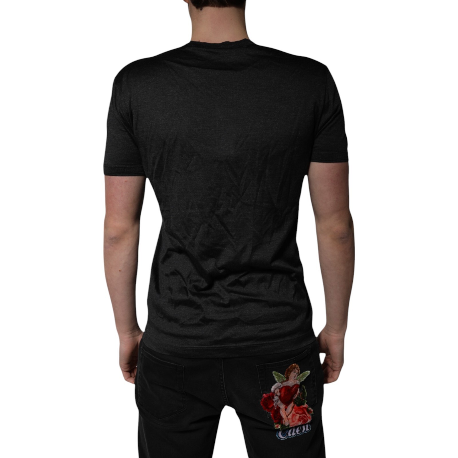 DOLCE & GABBANA T-shirt Dark Gray Silk V-neck Short Sleeves IT48/US38/M 670usd
