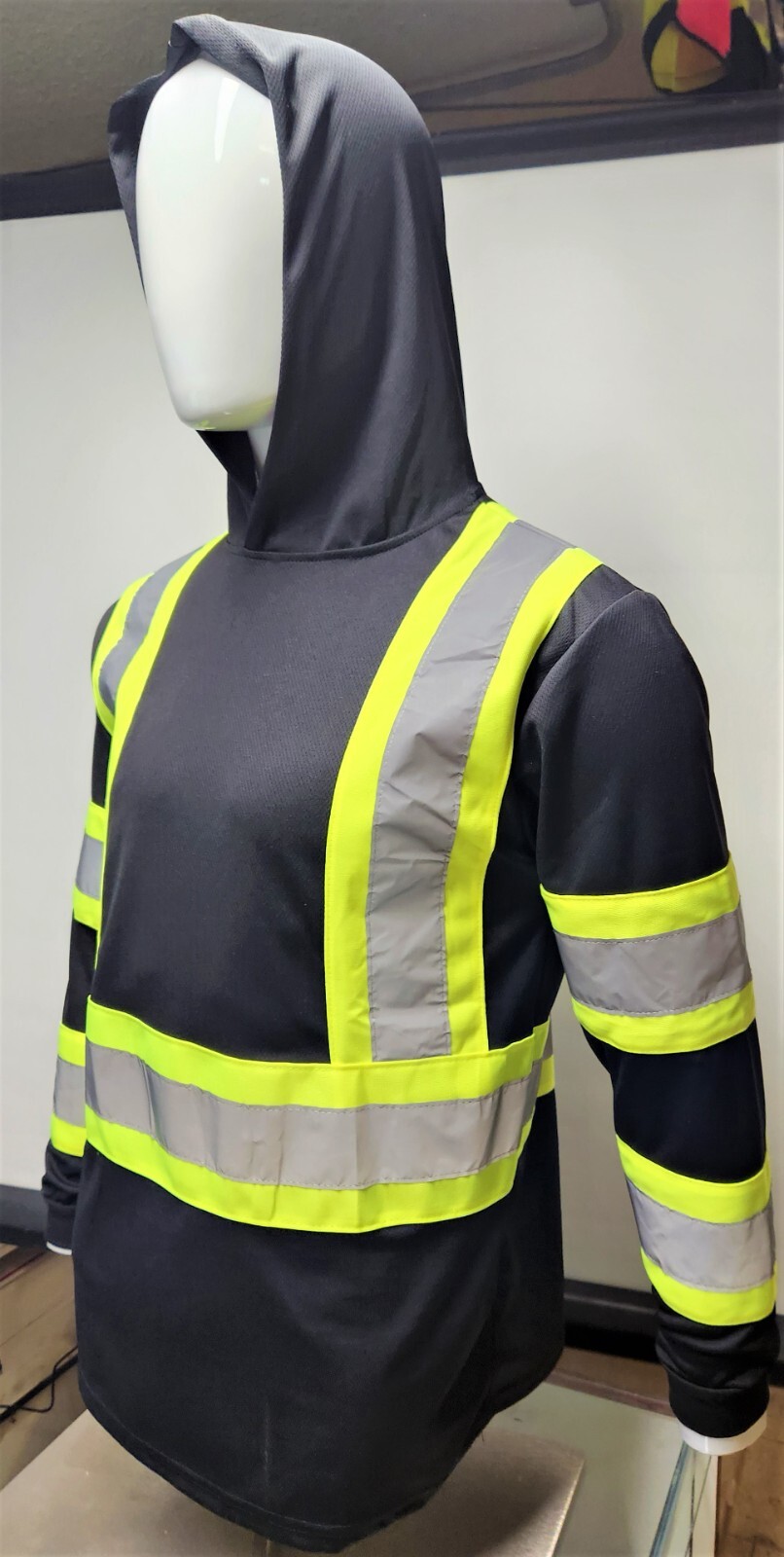 Black Long Sleeve Safety Shirt With Hoodie, Polyester Birdeye mesh Class 1