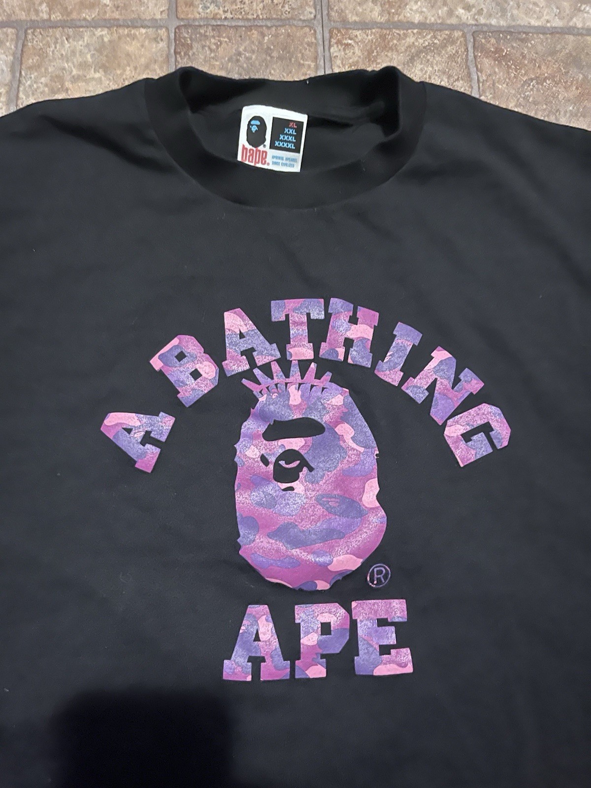 A Bathing Ape BAPE Black College Logo Ape Head Graphic Tee Crew Neck XXL