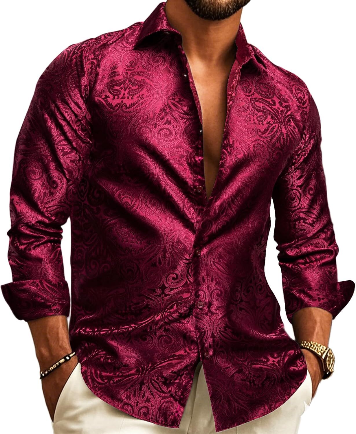 Mens Silk Paisley Western Shirt Long Sleeve Button Down Cowboy Dress Top Casual