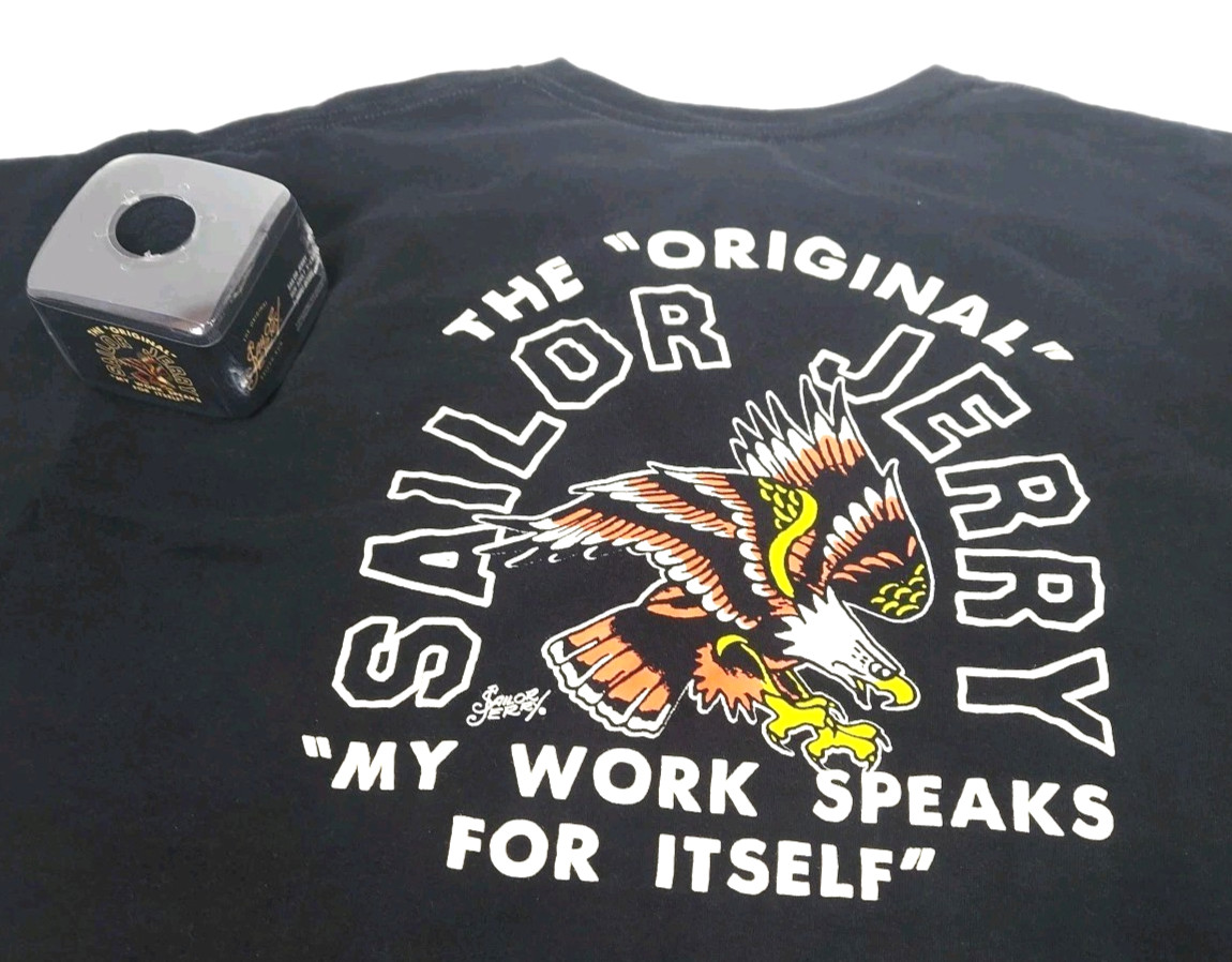 Sailor Jerry Original Rum XL Eagle Graphic Black T-Shirt “Work Speaks” Gift Tee