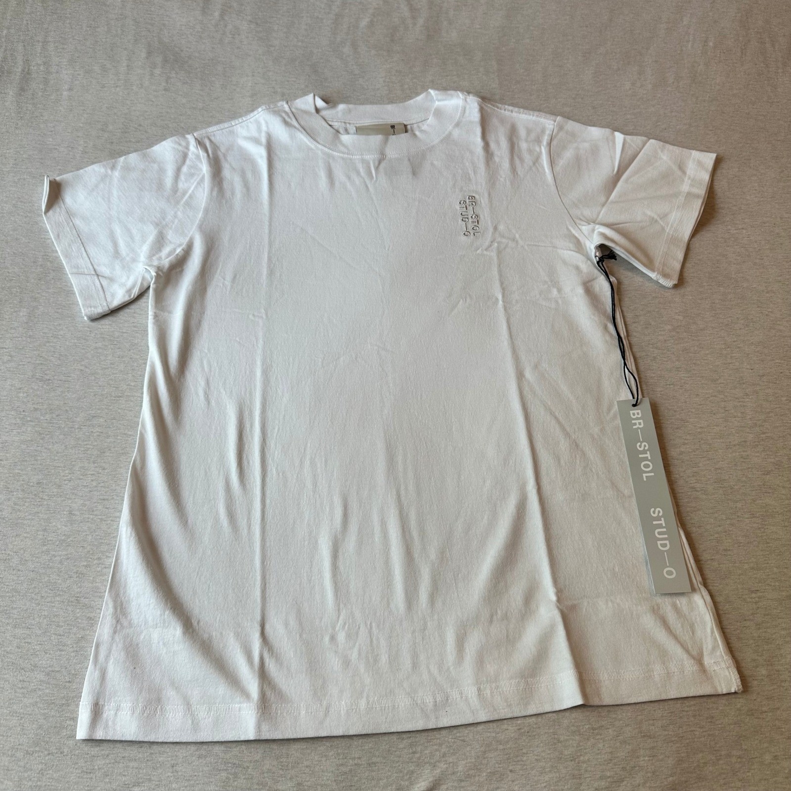 Bristol Studio White Nylon Embroidered Logo T-Shirt Mens Size S Made in USA NEW