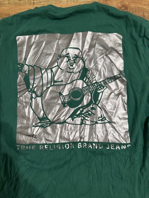 Mens True Religion Jeans Green Foil Silver T shirt 2 Double Sided Medium Buddha