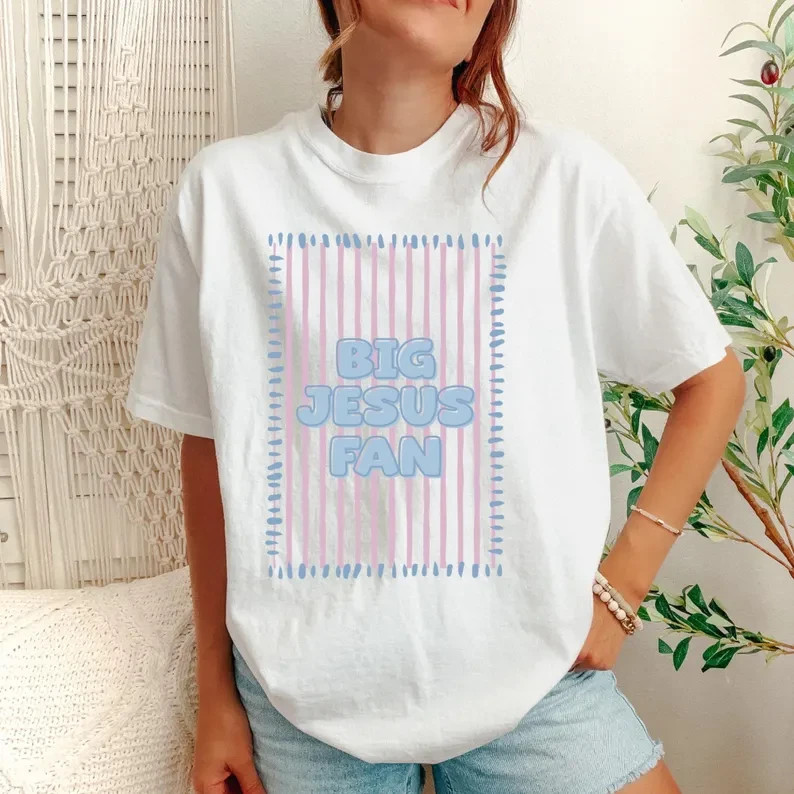 Big Jesus Fan T-Shirt Pastel Striped Christian Faith Graphic Trendy Oversized Gr