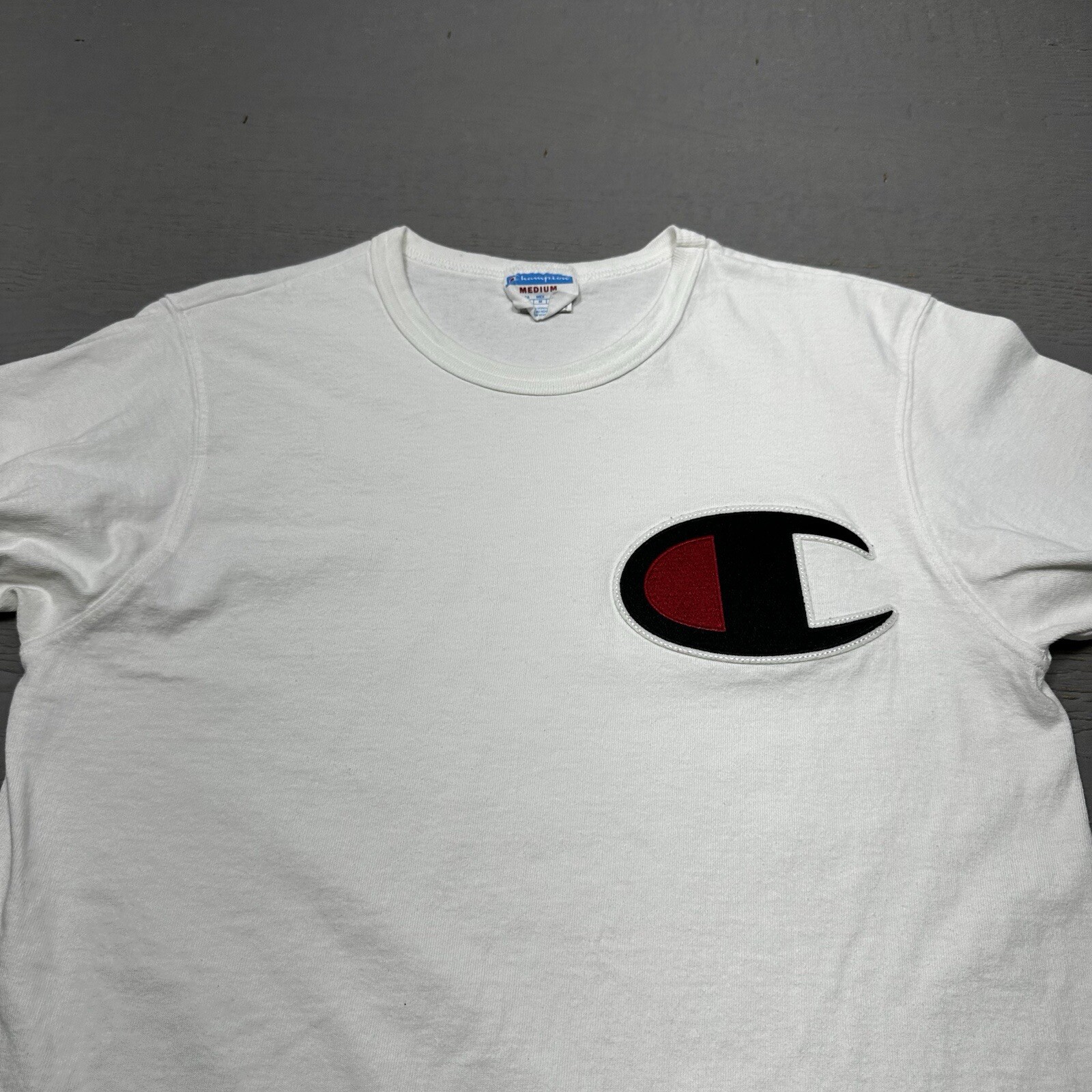 Champion Shirt Mens Medium White Patch Logo Cotton crew Neck Casual
