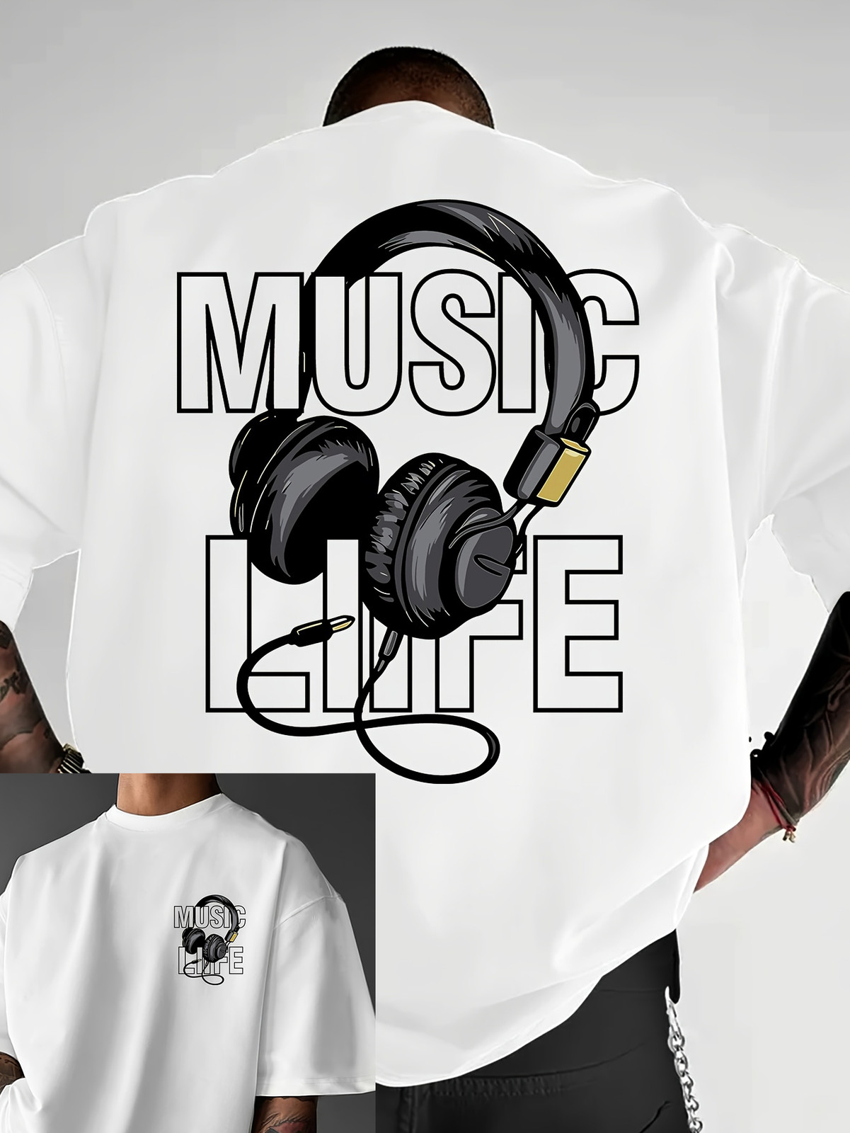 Men’s Trendy Headphone Graphic T-Shirt – “MUSIC” Letter Print, Music Lovers