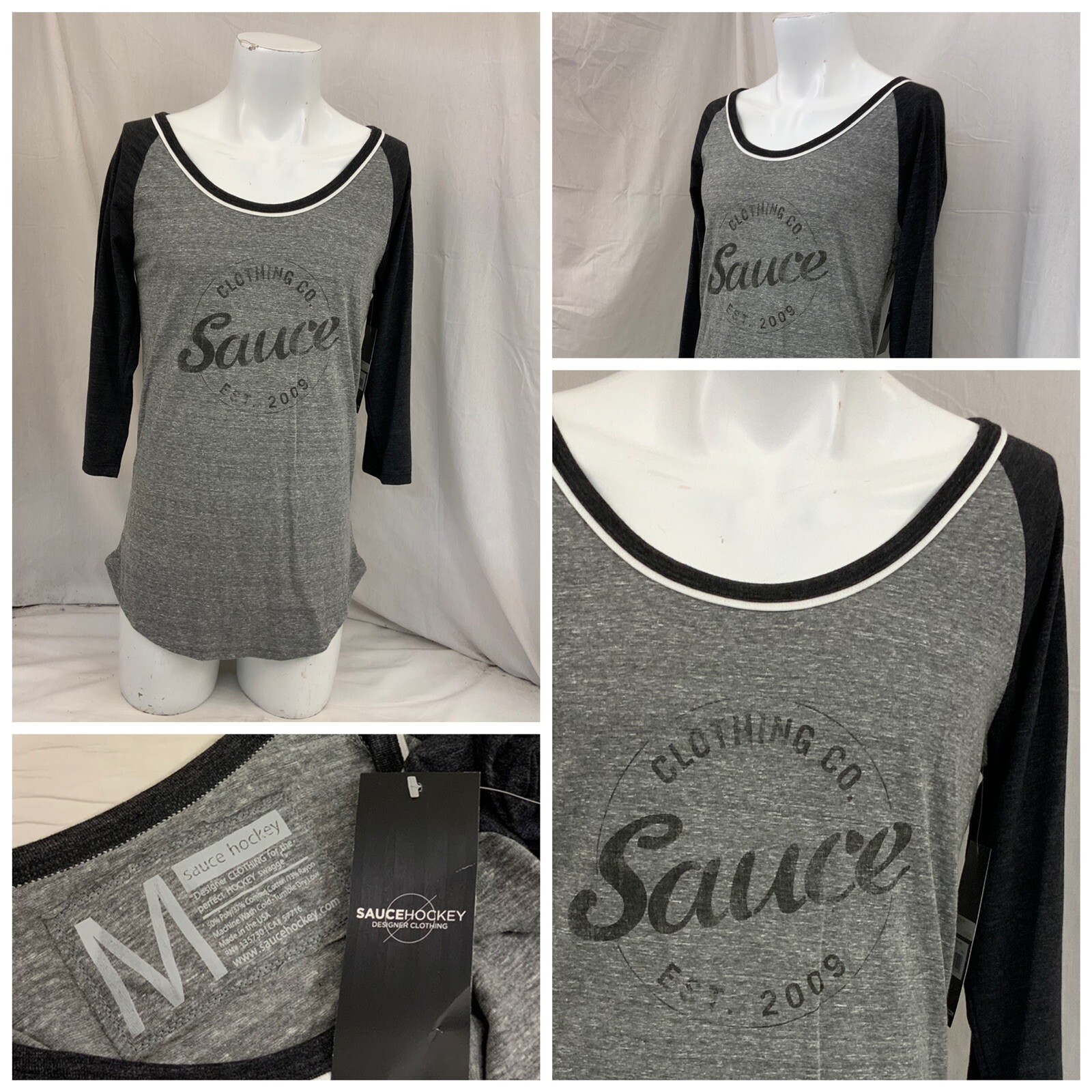 Sauce Hockey Shirt M Gray 1/2 Sleeve Poly Cotton Rayon Made USA NWT YGI O2-334