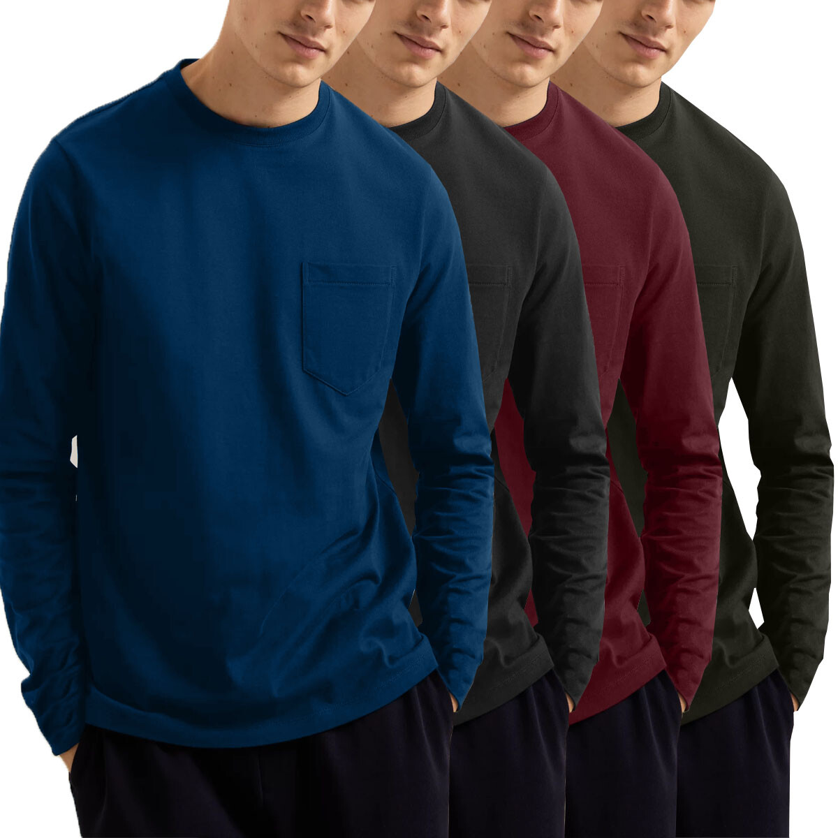 Mens Long Sleeve T-Shirt Plain Crew Round Neck Casual 100% Cotton Pocket Tee Top