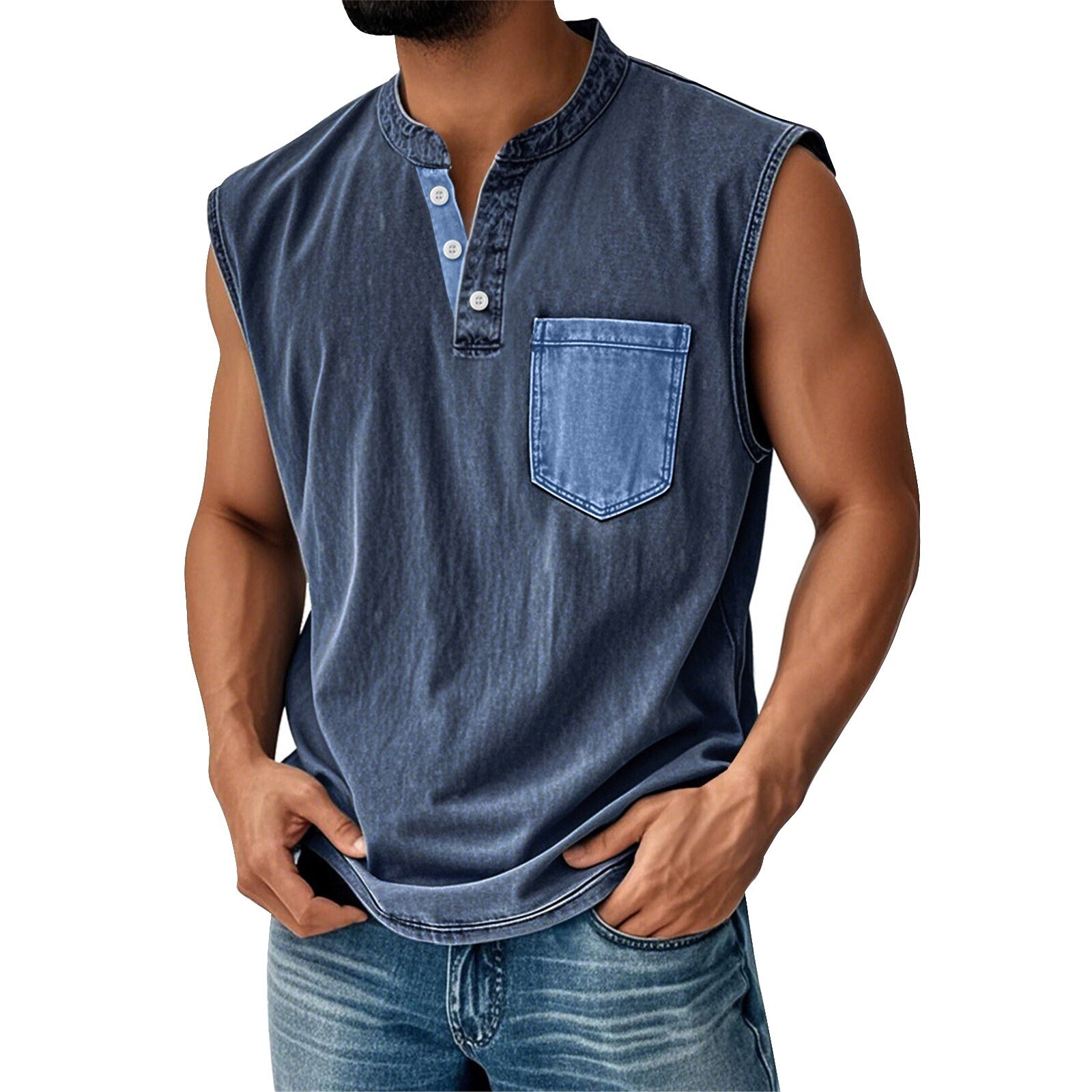 Men Sleeveless Beach Shirts Summer Hawaiian Shirts Casual Button Henley Tank Top
