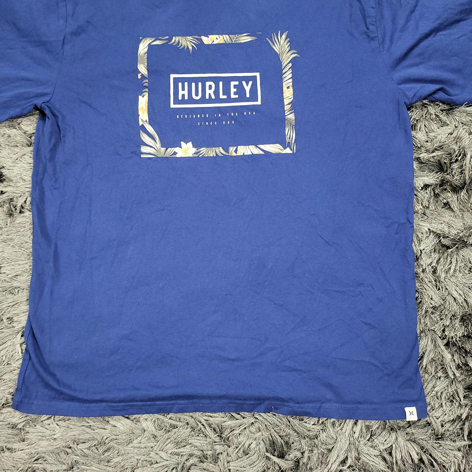 Hurley Shirt Mens Large Blue Tropical Logo Graphic Tee Tagless Crewneck Surf