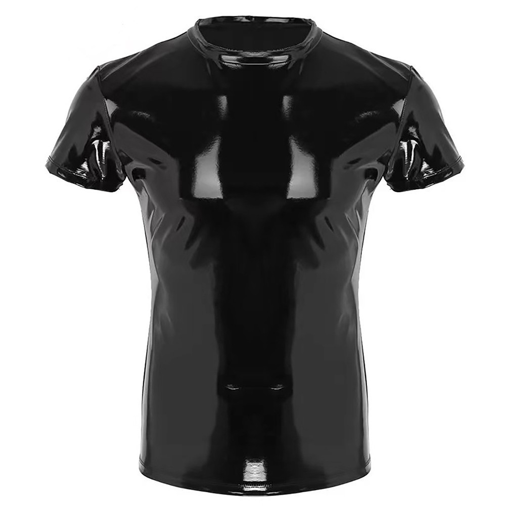Shiny Faux Leather Mens T Shirt Top For Clubwear In Wet Look PVC for material