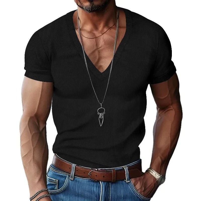 Men Slim Fit Shirts Deep V-Neck short sleeved Casual summer T-Shirt