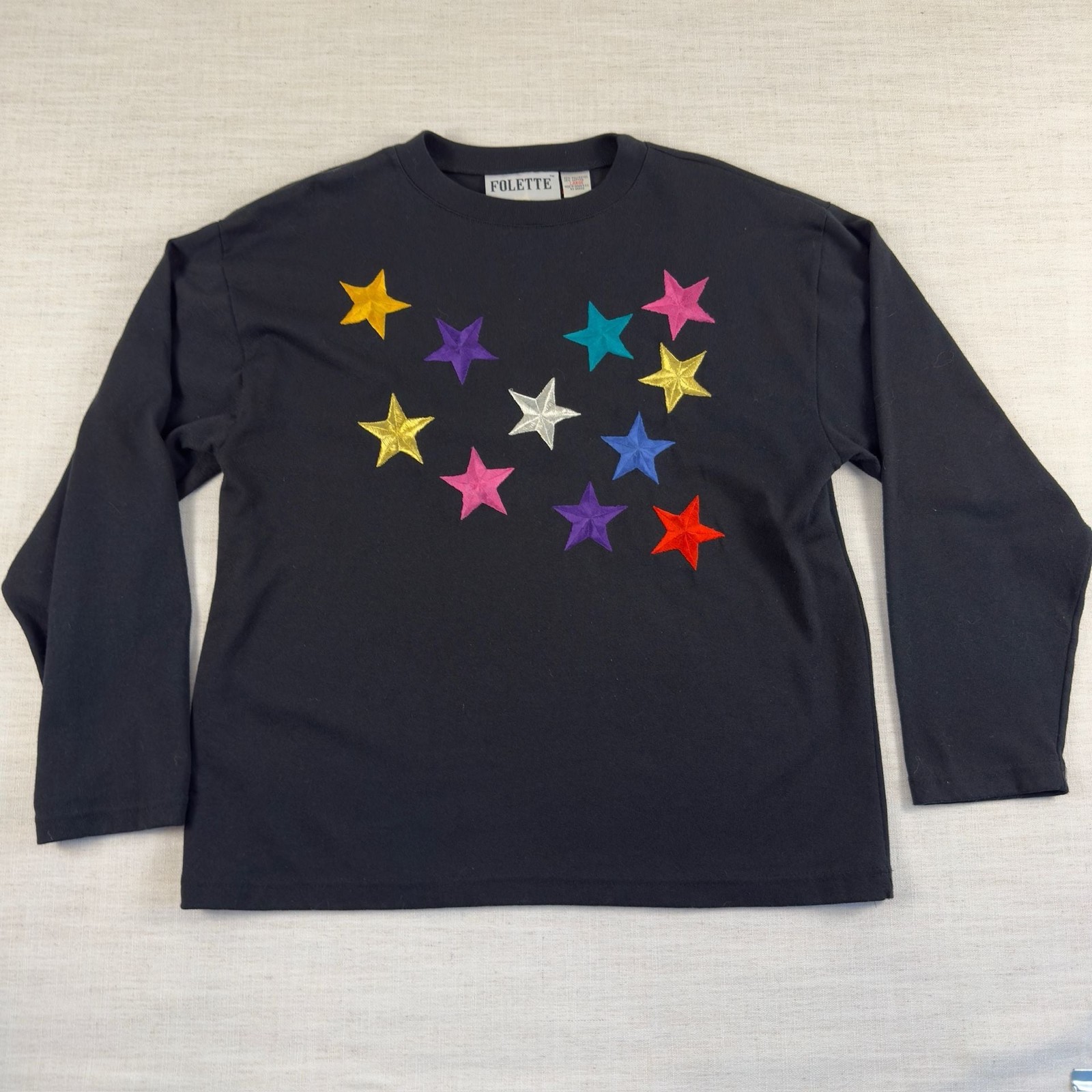 Folette Vintage Embroidered Multi-Color Star Long Sleeve Shirt Size Large