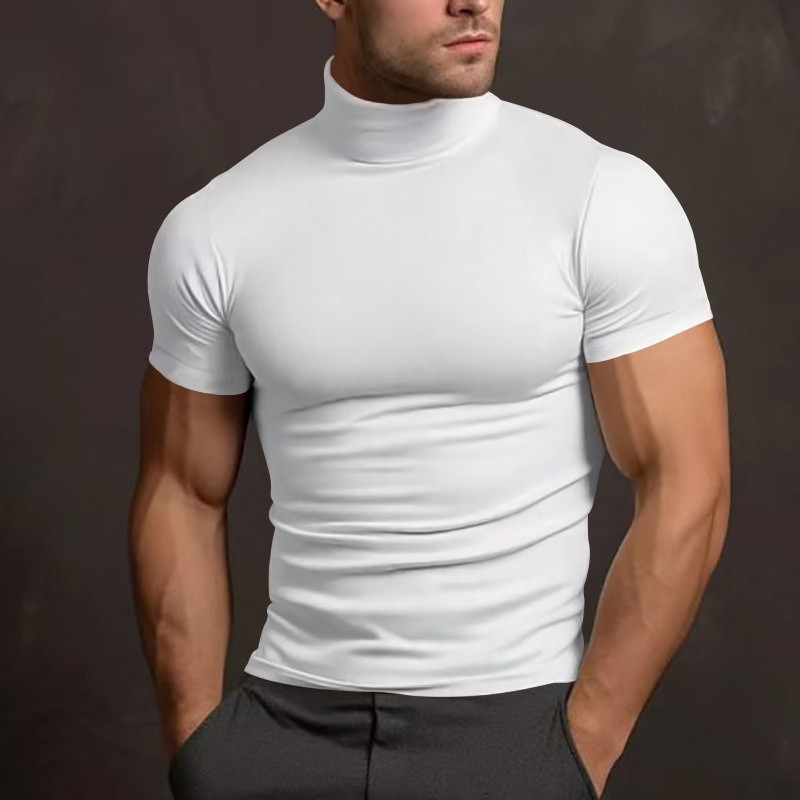 Men Solid Color Mock Neck Short Sleeve Tight Fitted Basic T Shirt Slim Casual