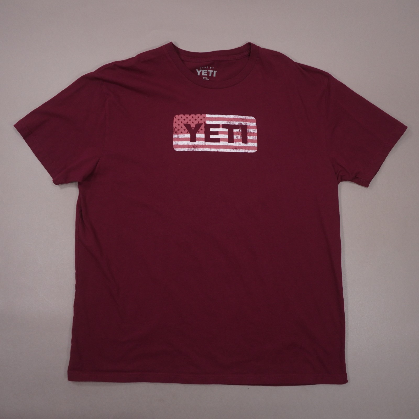YETI US Flag Badge Logo Short Sleeve T Shirt Mens 2XL Maroon Red 100% Cotton