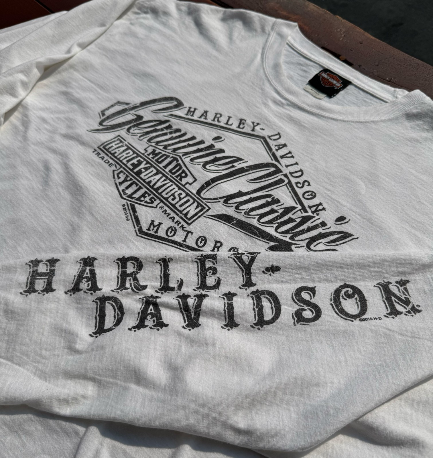 Harley Davidson Oakland CA Long Sleeve Shirt Mens XL White Spell Out Sleeve Bike