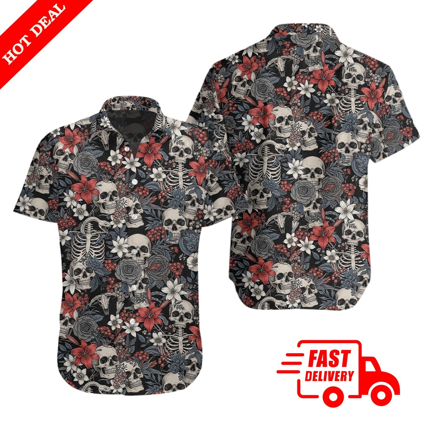 Mens Skull Skeleton Floral Hawaiian Shirt Aloha Button Down Short Sleeve Black