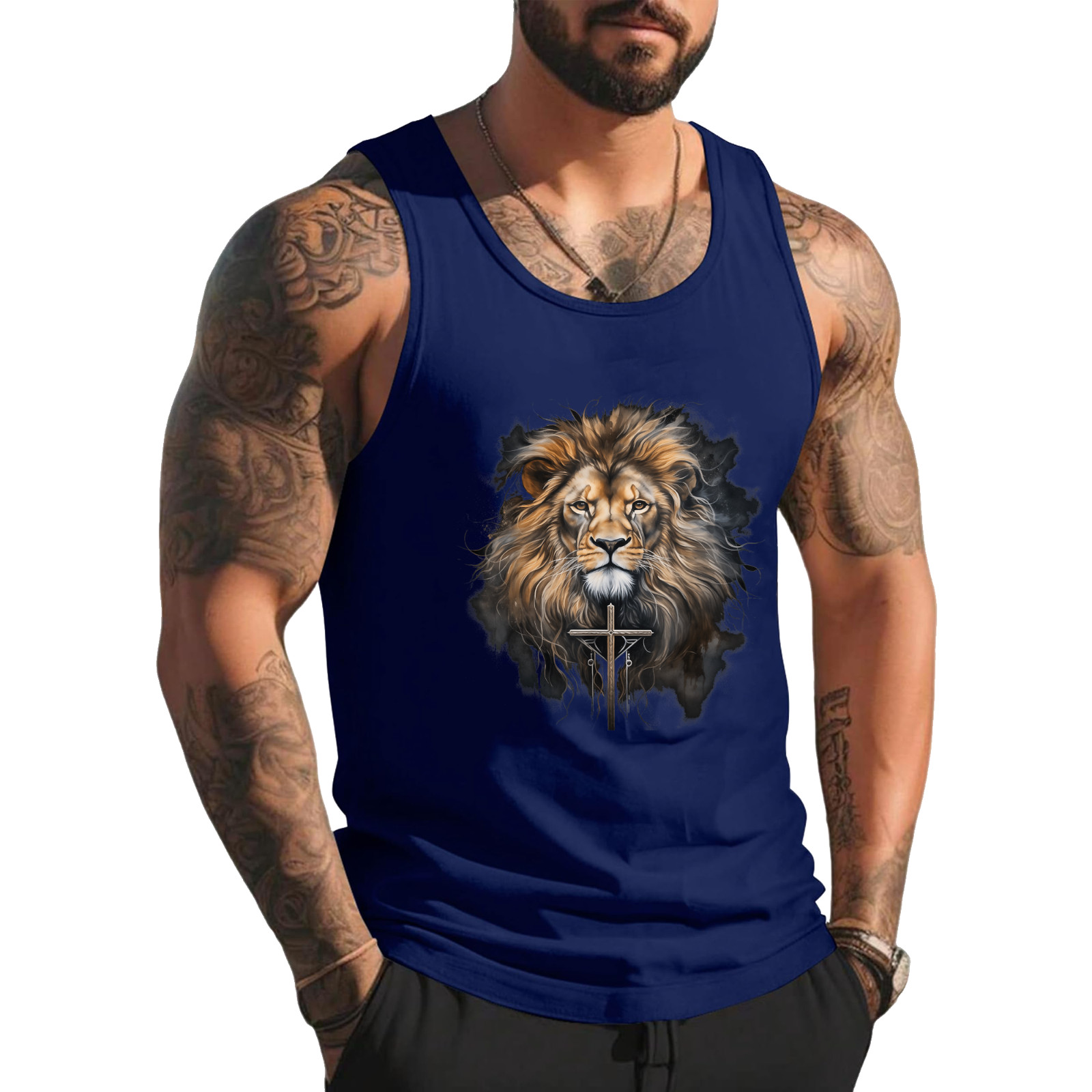 Christian Cross Lion of Judah Religious Faith Jesus Pastor Tank Top