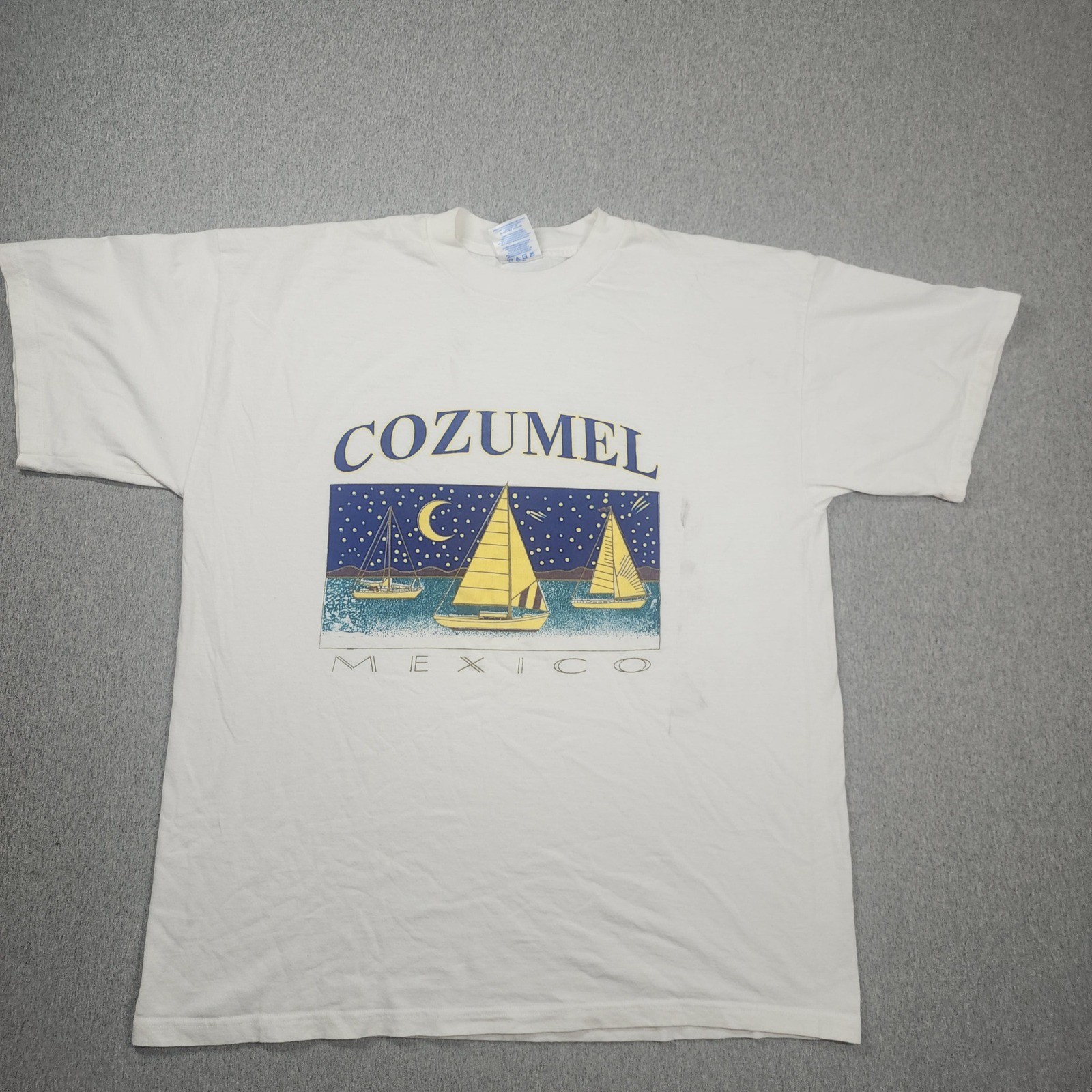 M&O Knits Cozumel Mexico Sailboat Graphic Tee Mens XL White Good Vintage Style