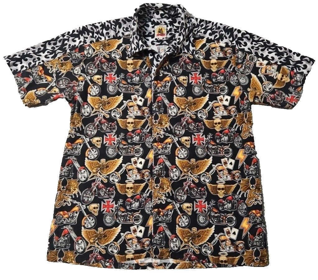 Max Boxxer Skulls Motorcycle Flames Cards Print Shirt Men’s Size Large Shirt