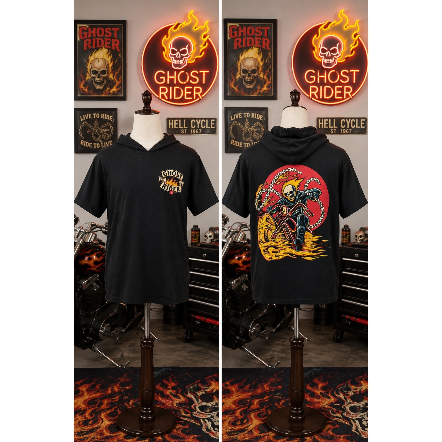 Marvel Ghost Rider Hooded T Shirt Skull Motorcycle Flames Graphic XL