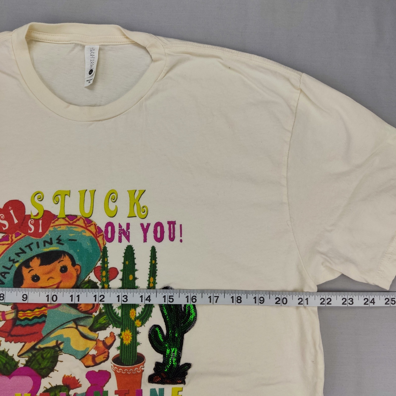 Next Level T-Shirt Mens XL Cream Stuck On You Valentine Retro Sequin Cactus Tee