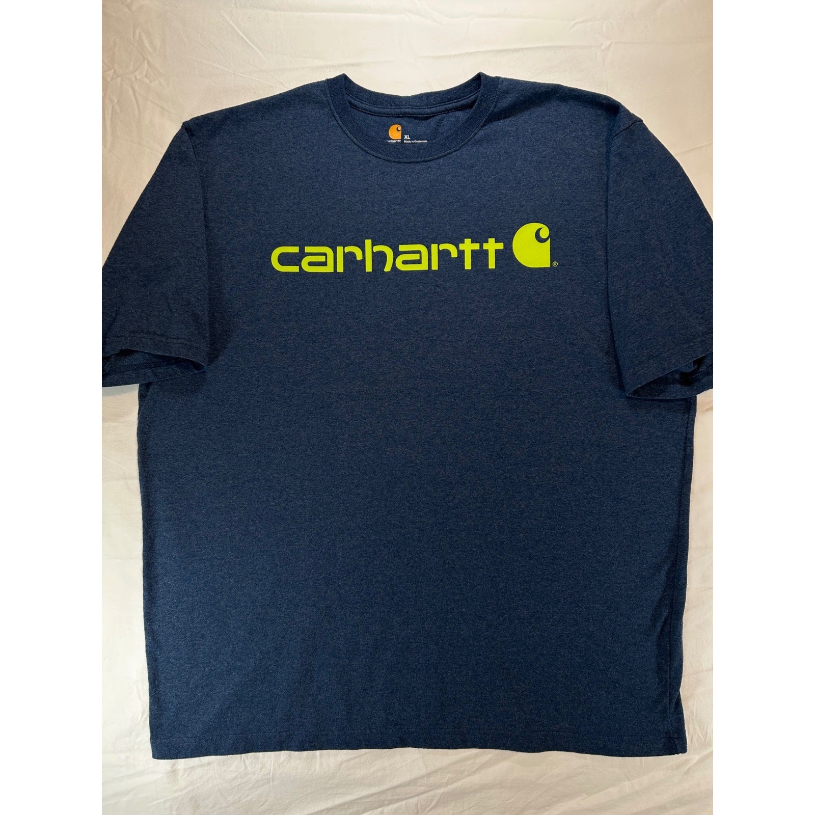 Carhartt Mens XL T-Shirt Navy Blue Heather Lime Green Logo Original Fit K195 413