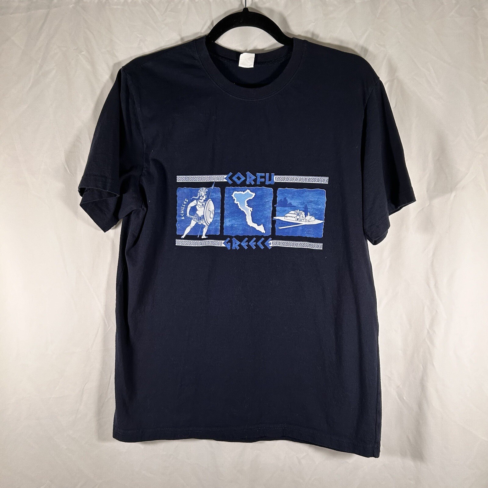 Corfu Greece Shirt Men’s Large Navy Blue Achilles Print Crew Neck Short Sleeve
